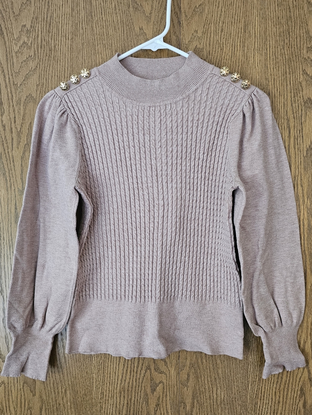 Blush Pink Cable Knit Sweater w/ Gold Button Shoulder Detail | Puff Sleeve Cozy